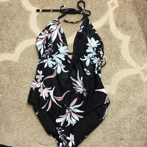 Coastal Blue Black Floral One Piece Swimsuit